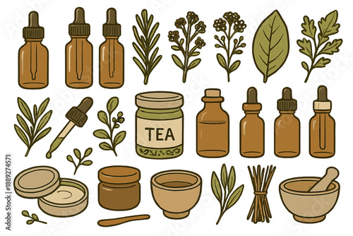 Details of herbal remedies and natural products displayed on a flat surface in a simple setting