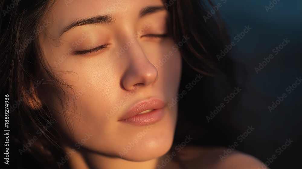 Fototapeta premium Peaceful close up portrait of a woman with soft warm light flowing around her face, expressing inner calm and emotional balance.