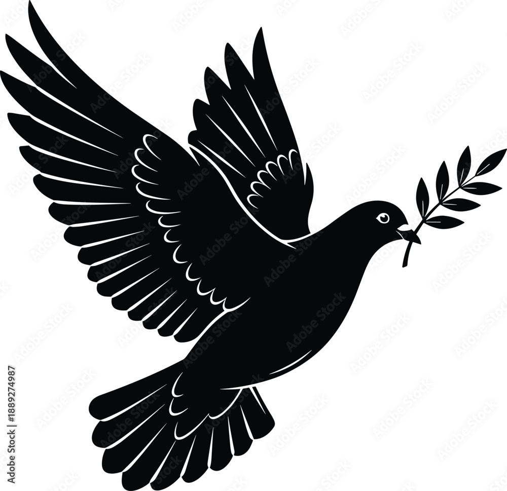 Obraz premium Flying dove silhouette holding olive branch, black vector symbol of peace, hope, freedom, reconciliation, and humanitarian design for stock