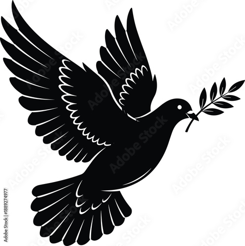 Flying dove silhouette with olive branch, black vector symbol of peace, hope, reconciliation, freedom, and humanitarian design for stock