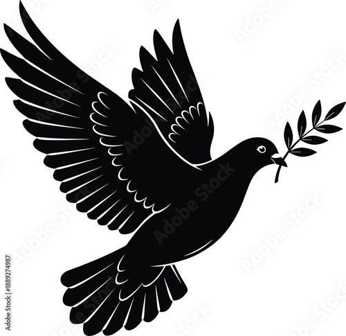 Flying dove silhouette holding olive branch, black vector symbol of peace, hope, freedom, reconciliation, and humanitarian design for stock