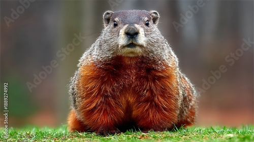 Close-up of a Groundhog Sitting on Green Grass in a Natural Habitat