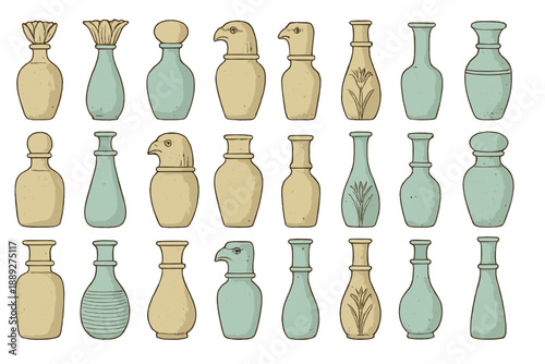Various vases arranged in a grid showing different shapes and designs depicting daily use and decorative items