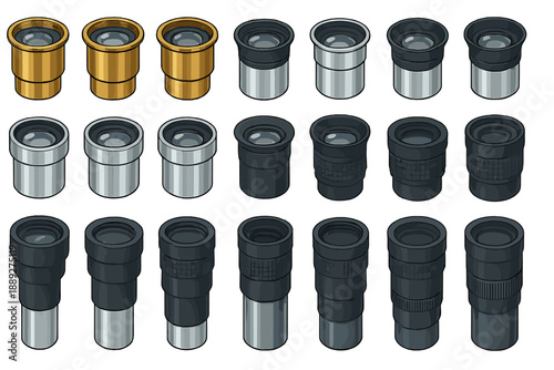 Different types of telescope eyepieces arranged in rows showing various shapes and colors in a simple layout