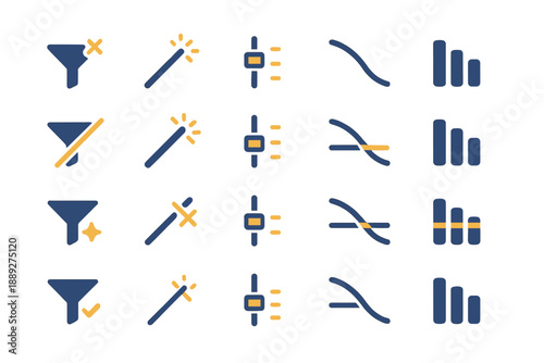 Icons representing different data processing steps and actions used in digital applications