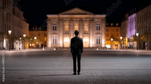 A solitary figure standing in an illuminated urban square at night facing a grand historic building
