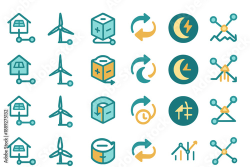Various symbols related to renewable energy and sustainability displayed in a grid pattern