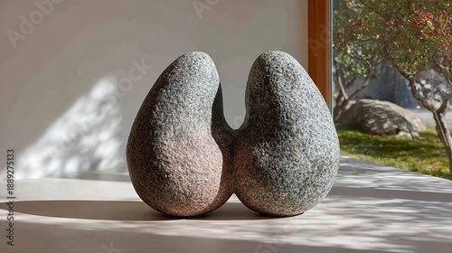 Sculptural stone piece with smooth curves positioned in a brightly lit room near a window