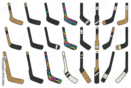 Different hockey sticks in various designs placed on a plain background showing colorful patterns and styles