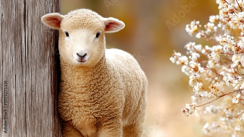 Adorable lamb leaning against a wooden post surrounded by blooming flowers in a sunny meadow