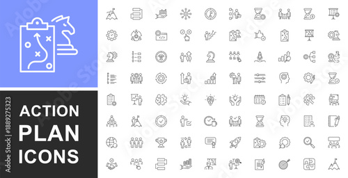 Set of action plan web icons line style. Strategy, objectives, purpose, action, planning, collaboration and analysis. Strategic action planning icons for web and mobile apps. Editable stroke. Vector