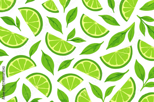 Bright green lime slices and leaves create a fresh pattern on a white background showing food design elements for decoration
