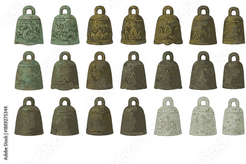 Collection of decorative bells arranged in rows with different designs and colors displayed for viewing