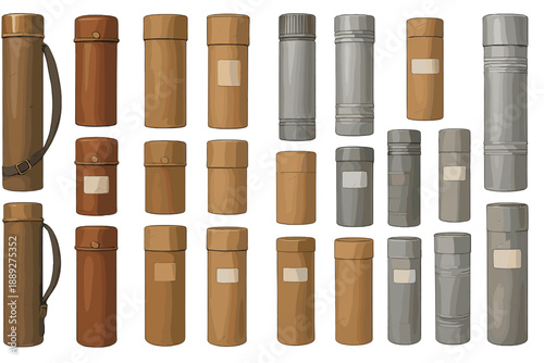 Collection of cylindrical containers in various colors and styles displayed on a white background for product design review
