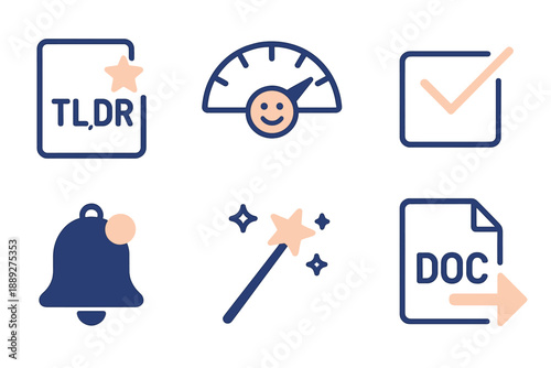 Icons representing different functions and notifications related to documents and quick summaries in a modern design style
