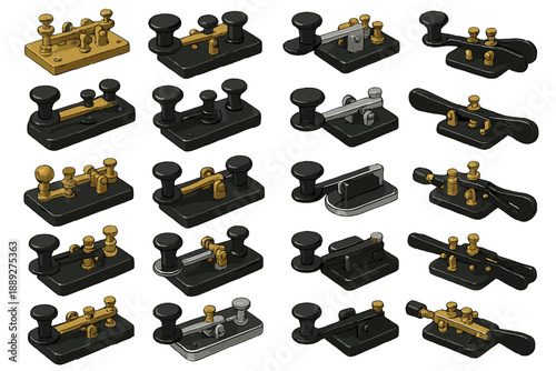 Different types of telegraph keys shown in a grid layout for understanding their design and function