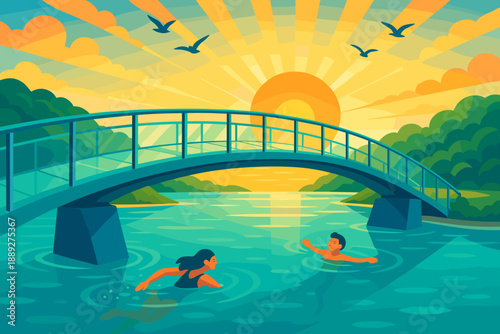 Swimming under a bridge during sunset with a boy and girl in clear water and a vibrant sky in the background