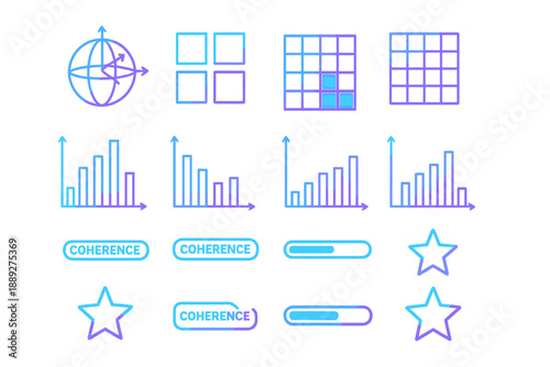 Graphics display elements featuring charts, grids, and icons related to data representation and coherence in a design layout