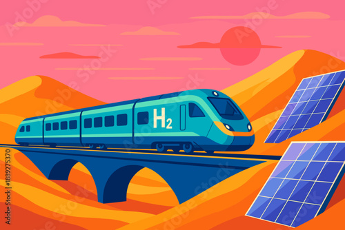 Train travels on a bridge in a desert landscape with solar panels under a pink sky