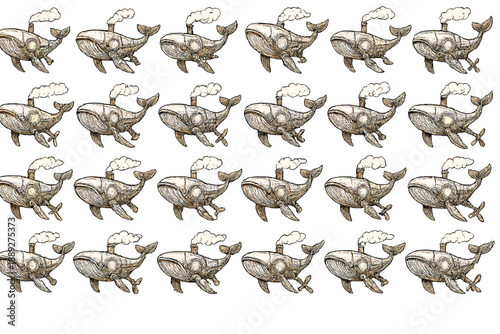 Whales flying with steam engines over a white background in a repeated pattern showing a unique design concept