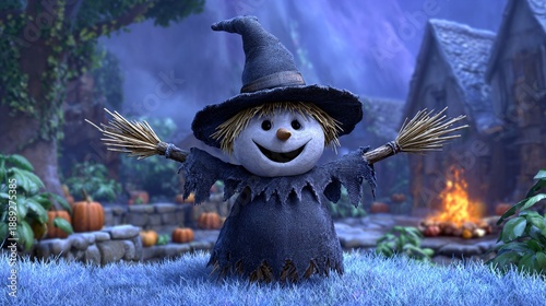 Charming scarecrow with a smiling face in a magical garden setting with pumpkins and a cozy cabin