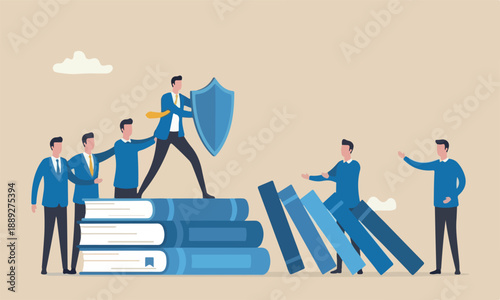 Reliability, trustworthy big books problem, trust or work responsible, supported partner concept, reliable businessman leader protect domino from collapse on colleagu.