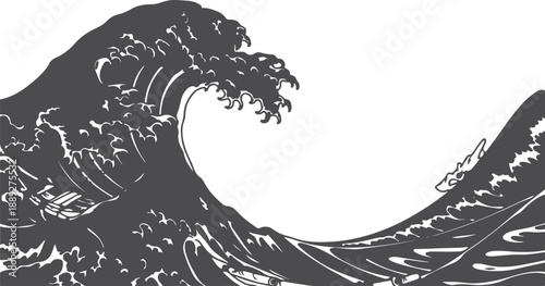 illustration of a large ocean wave crashing  monochrome