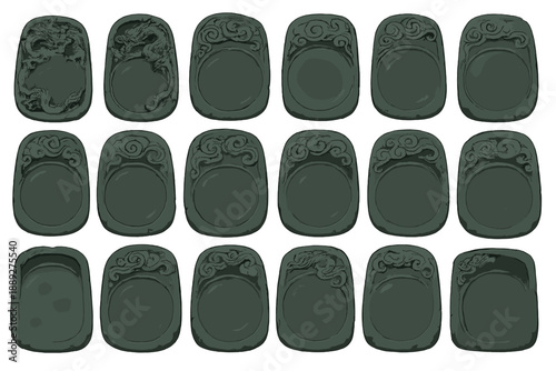 Collection of green decorative trays with varied designs displayed on a table in a well-lit room