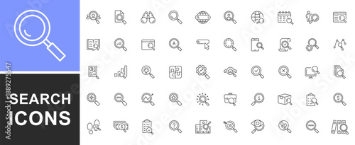 Search icon set. Magnifying glass linear icon collection. Contains SEO, digital marketing, data analysis, management, investigation, find and more. Editable stroke. Vector illustration