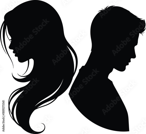 Silhouettes of two people facing away, black vector illustration symbolizing emotional distance, separation, introspection, sadness, and relationship tension