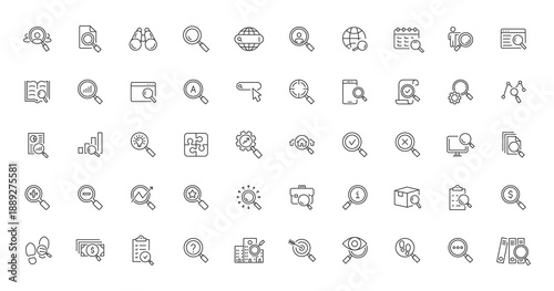 Search icon set. Magnifying glass linear icon collection. Contains SEO, digital marketing, data analysis, management, investigation, find and more. Editable stroke. Vector illustration