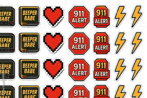 Various stickers showing alerts, hearts, and lightning symbols on a white background in a simple arrangement