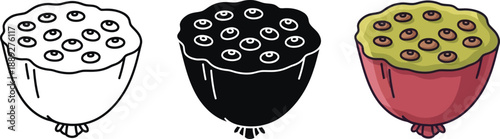 Stylized lotus seed pod illustrations in outline, silhouette, and colorful cartoon forms isolated on white background, Vector