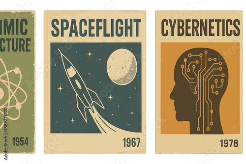 Vintage book covers showing themes of science through the years including atomic structure, space travel, and cybernetics