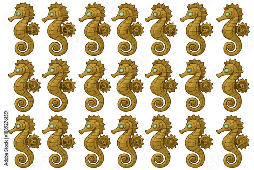 Seahorse designs arranged in a grid pattern with detailed features and colors displayed on a plain background