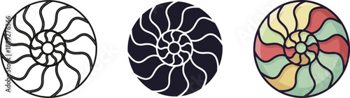 Elegant nautilus shell geometric spiral pattern presented in outline, silhouette, and colorful styles isolated on white background, Vector