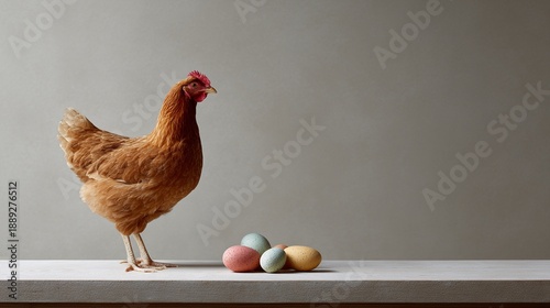 A brown hen standing on a table next to a collection of colorful eggs against a simple neutral background