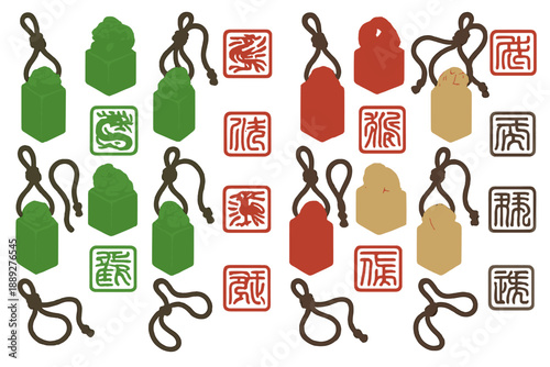 Seals and stamps with various colors and designs arranged on a plain background