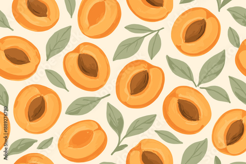 Apricots and leaves pattern on a light background with bright colors and simple design elements