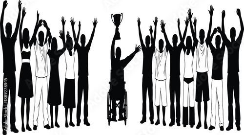 Inclusive celebration silhouette, wheelchair triumph, group unity, trophy moment, black vector, diversity support, achievement scene, editable illustration, empowerment