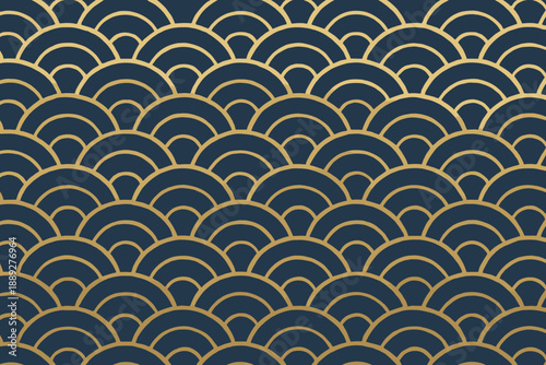 Decorative pattern with golden waves on dark blue background used in design and art projects