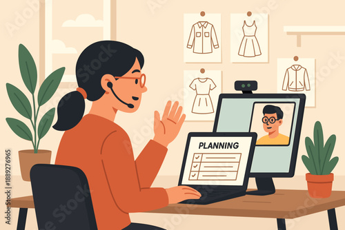 Meeting for project planning with video call and computer setup in a workspace