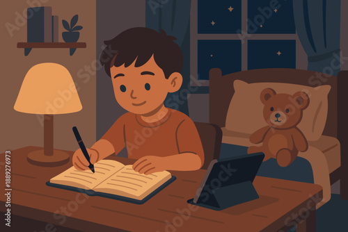 Child writes in notebook at night, with lamp on and teddy bear in room