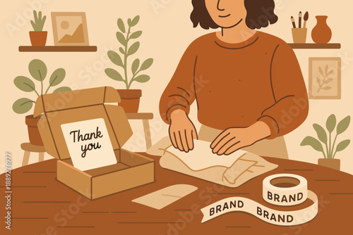 Person packs an order while preparing a thank you note in a cozy workspace during the daytime