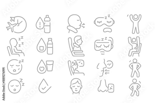 Icons showing travel activities related to sleep and hydration during a flight journey