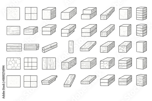 Various wooden blocks, shapes, and sizes arranged in a grid showing different patterns and textures of wood material