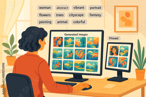 Person views digital art on computer screens in a room with plants and decor in a sunny setting during daytime hours