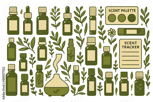 Scent palette and scent tracker with essential oils and leaves on a white background