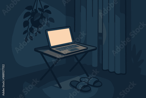 Late night work setup shows a laptop on a table with nearby slippers in a dimly lit room