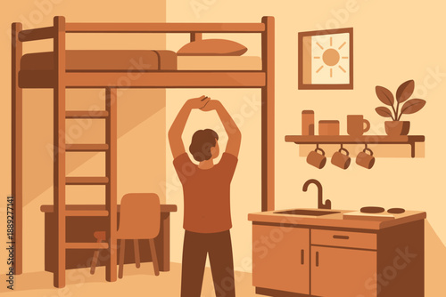 Person stretching in a small kitchen with a loft bed and simple design during morning hours